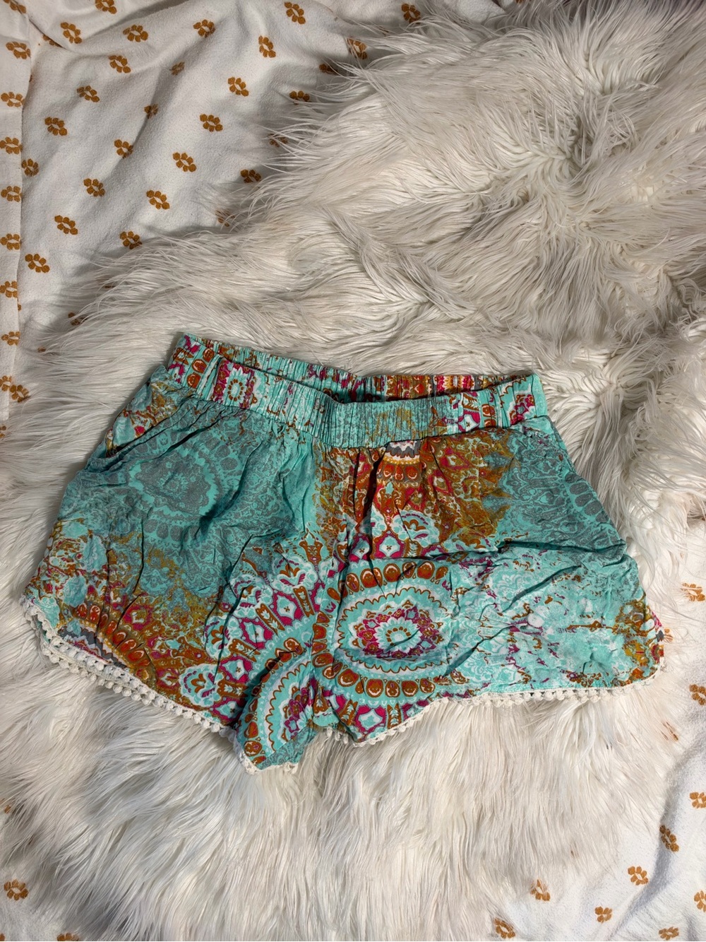 Mossimo Supply Co. Turquoise Multicolor Mandala Print Pom-Hem Fabric Shorts